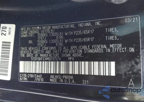 2021 Toyota Sienna Xle from USA, damaged, VIN 5TDYSKFC4MS017574